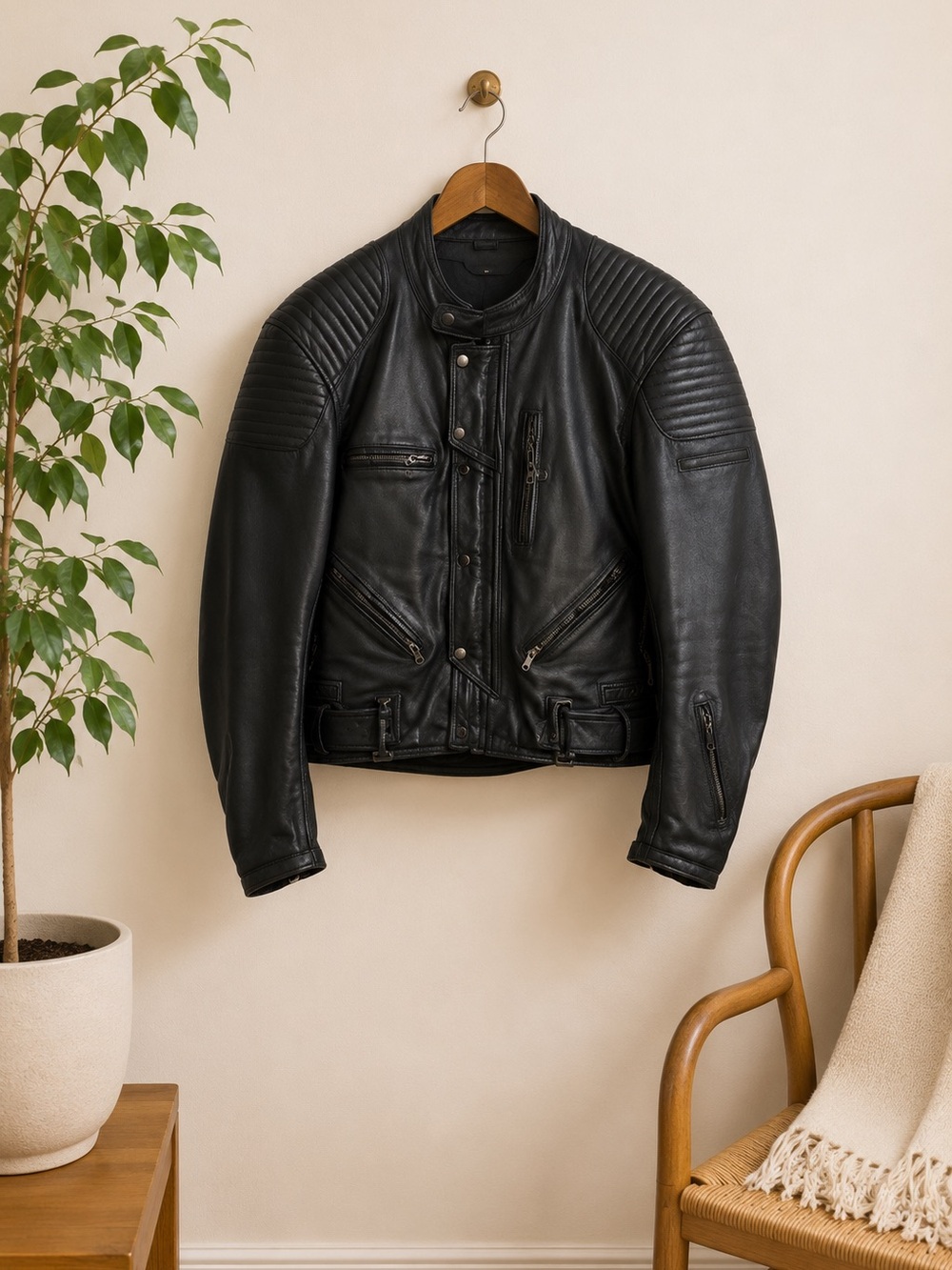 Vtg Teknic Black Leather Motorcycle Jacket Men’s Sz 40/50 Padded Biker Cafe Race